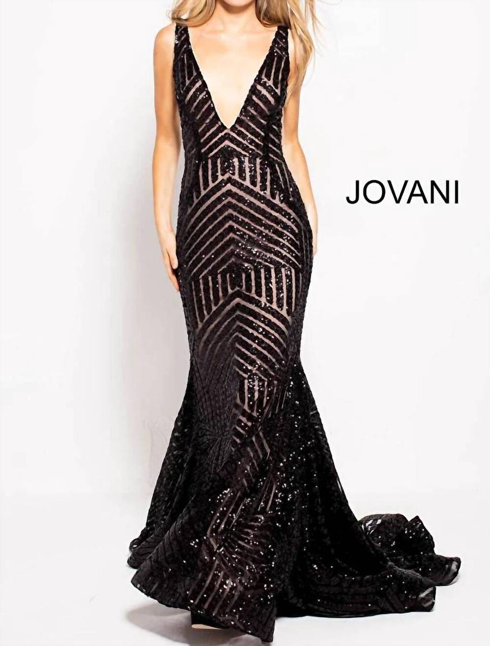 NEW JOVANI sequin embellished v neck gown in black/nude